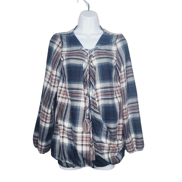 Knox Rose Plaid Deep V-Neck Blouse - Picture 1 of 7